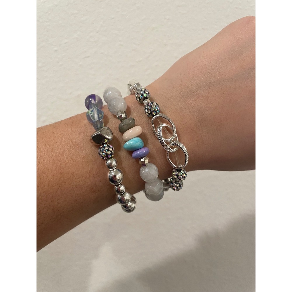 Erimish Beaded Bracelet Stack Silver Turquoise Stone Crystal Set of‎ 3 #1